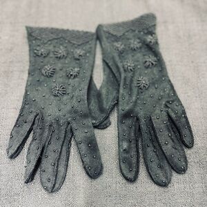 Vintage 50s Black Cotton Beaded Gloves Size 7 Hong Kong
